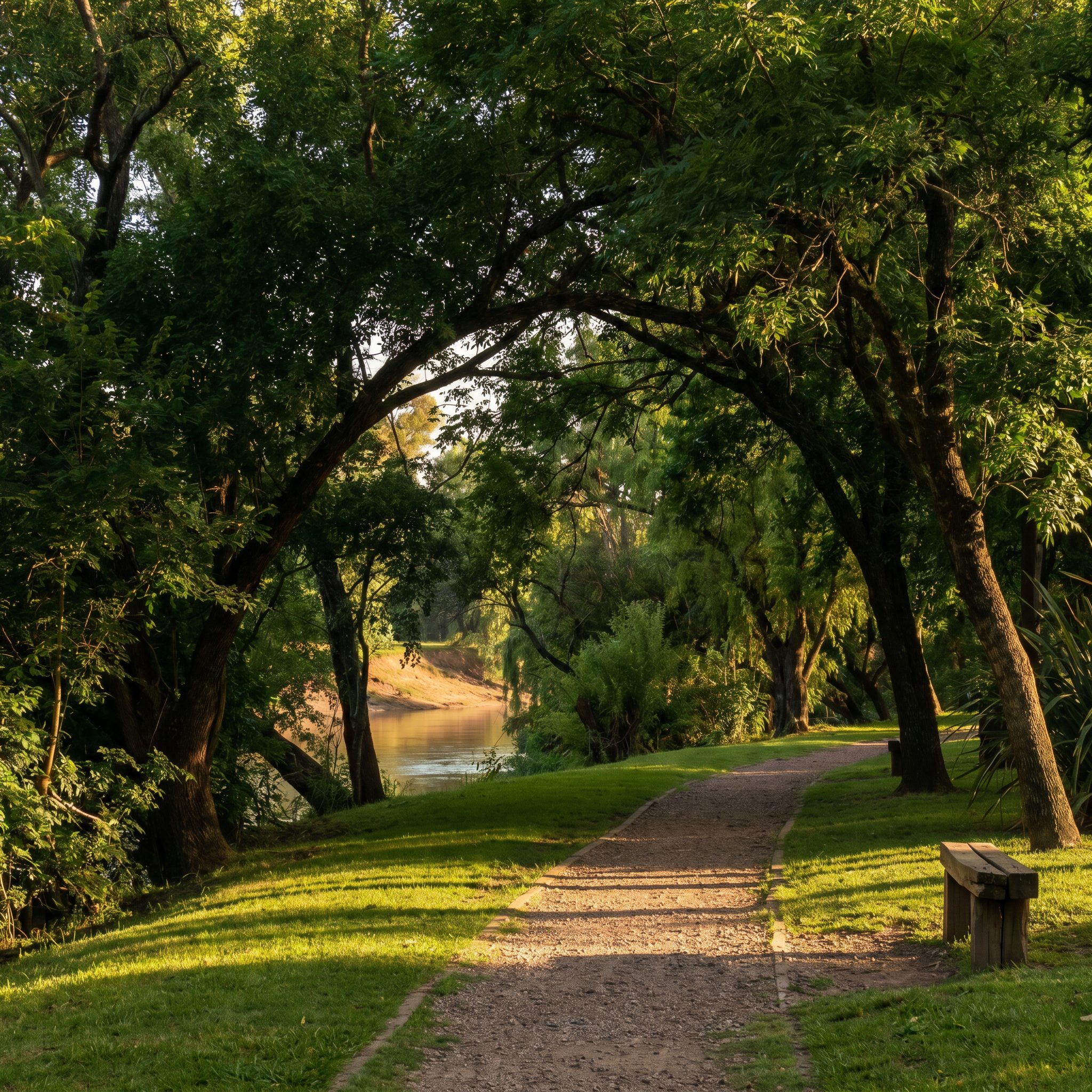 Sendero arbolado junto al río en el predio MACONDO
